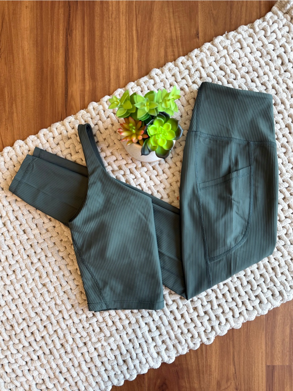 Old Navy Olive Green Ribbed Leggings and Crop Tank Set